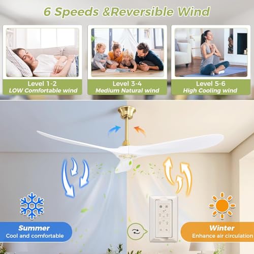 Image of CACI Mall 60 inch Ceiling Fan No Light, White Smart Ceiling Fan with Remote Control, Modern, without Light, Quiet Reversible DC Motor for Outdoor, Living Room, Bedroom, Patio, Porch
