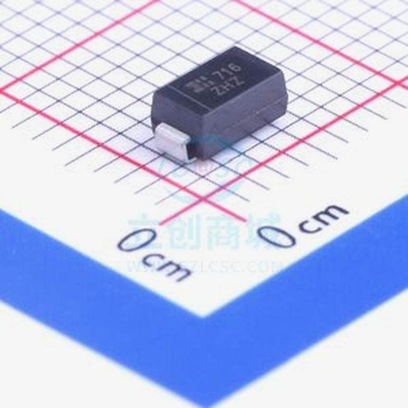 Side view of the MachineMid SMAZ15-13-F Zener diode with cathode band visible on a grid for scale.