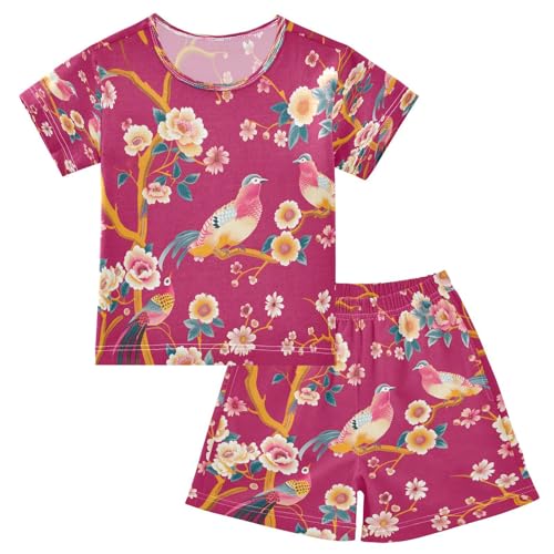 senya Short Sleeve Pajamas Sets Summer Cotton Sleepwear Hot Pink Bird
