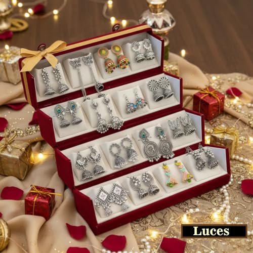 Image of LUCES Velvet 16 Pair Earrings Organizer Jewellery Box For Women and Girls Pack of 1 Cream