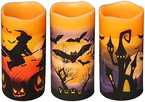 DRomance Flameless Flickering Candles Battery Operated with 6 Hour Timer, Set of 3 Real Wax LED Pillar Candles Warm Light with Castle, Witch, Bats Decal Halloween Decor Candles for Kids(D3" x H6")
