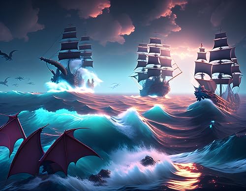 Poster sur toile Grand Galion et Dragon sans cadre de format 58 x 90 cm