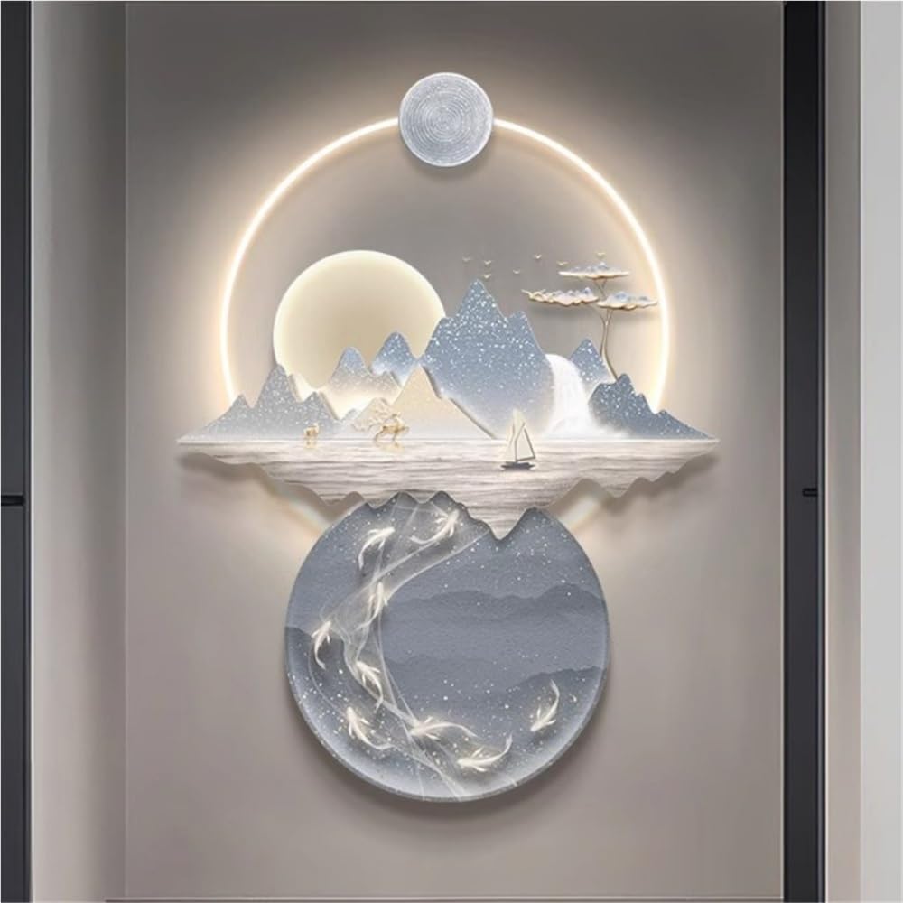 Cuadro de Pared con Luces, Moderno Cuadro Decorativo LED en Relieve, decoración de Pared con visión 3D, con Enchufe, Ideal para Sala de Estar, Comedor y Entrada (diámetro de 90 x 7