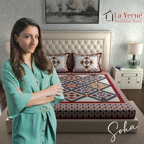 Image of LA VERNE 104 TC Cotton Double Bed Bedsheet Jaipuri Rajasthani Print Bedsheet with 2 Pillow Covers (Red s)