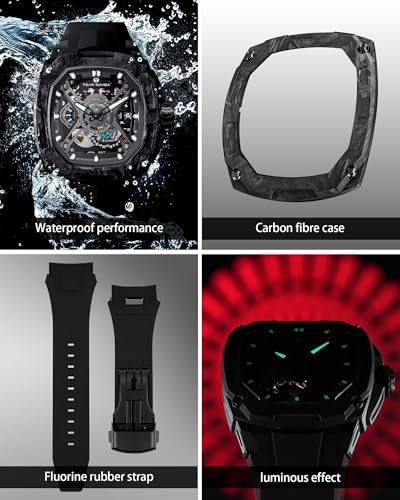 Image of TSAR BOMBA Luxury Mechanical Watches for Men with Carbon Fiber Case Men Wristwatch Luminous 5ATM Water Resistant Men's Watch with Fluorine Rubber Strap Great Gifts for Men