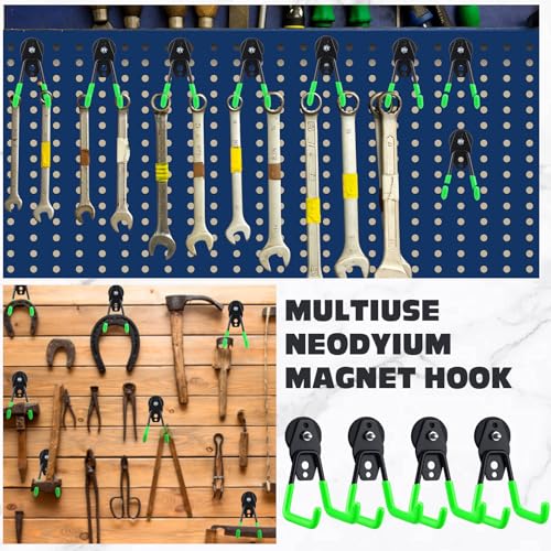 Image of Landhoow 6 Pcs Large Magnetic Hooks Heavy Duty Garage Magnet Hooks Strong Storage Utility Magnetic Hangers with Anti Slip Rubber Coating for Indoor and Outdoor Hanging (Green)