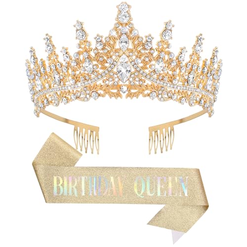 DRESHOW Birthday Crown and Sash for Women Birthday Queen Sash & Rhinestone Tiara Set Tiaras and Sashes for Girls Decorations Hair Accessories Glitter Shoulder Strap for Party