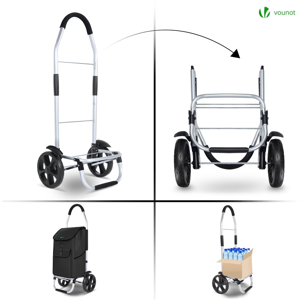 VOUNOT® Chariot de Courses 2 Roues en Aluminium avec Compartiment Impermeable Caddie de Courses Pliable 2 en 1 Sac Chariot Noir 58L
