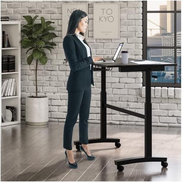 Miniatura 2 de UrbanPro Escritorio de pie de altura ajustable con manivela con cesta de cable de alambre en negro