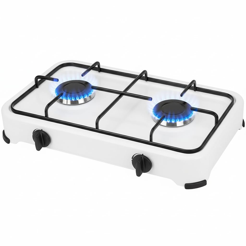 Cocina Hornillo de gas portatil para camping y exterior con 2 quemadores, placa de gas, manguera de presión para butano incluido.