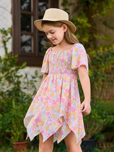 Haloumoning Girls' Summer Floral Dress Kids Short Sleeve Square Neck Smocked Flowy Dresses 5-14 Years3