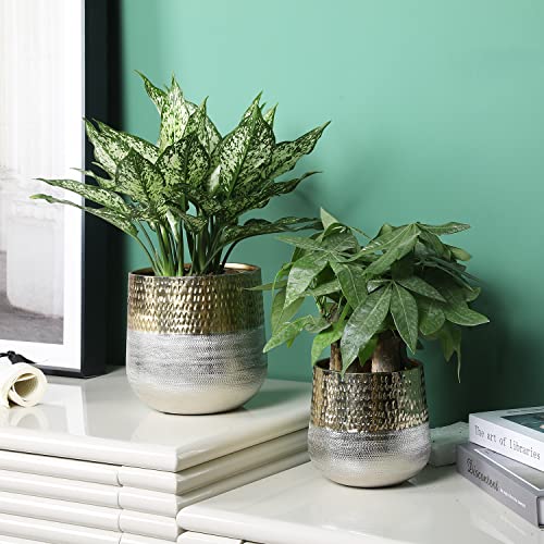 Mygift Round Two-Toned Indoor Planter Pot, Hammered Brass And Milled Embossed Silver Tone Metal Planter Vase, Set Of 2 - Handcrafted In India #TOP2