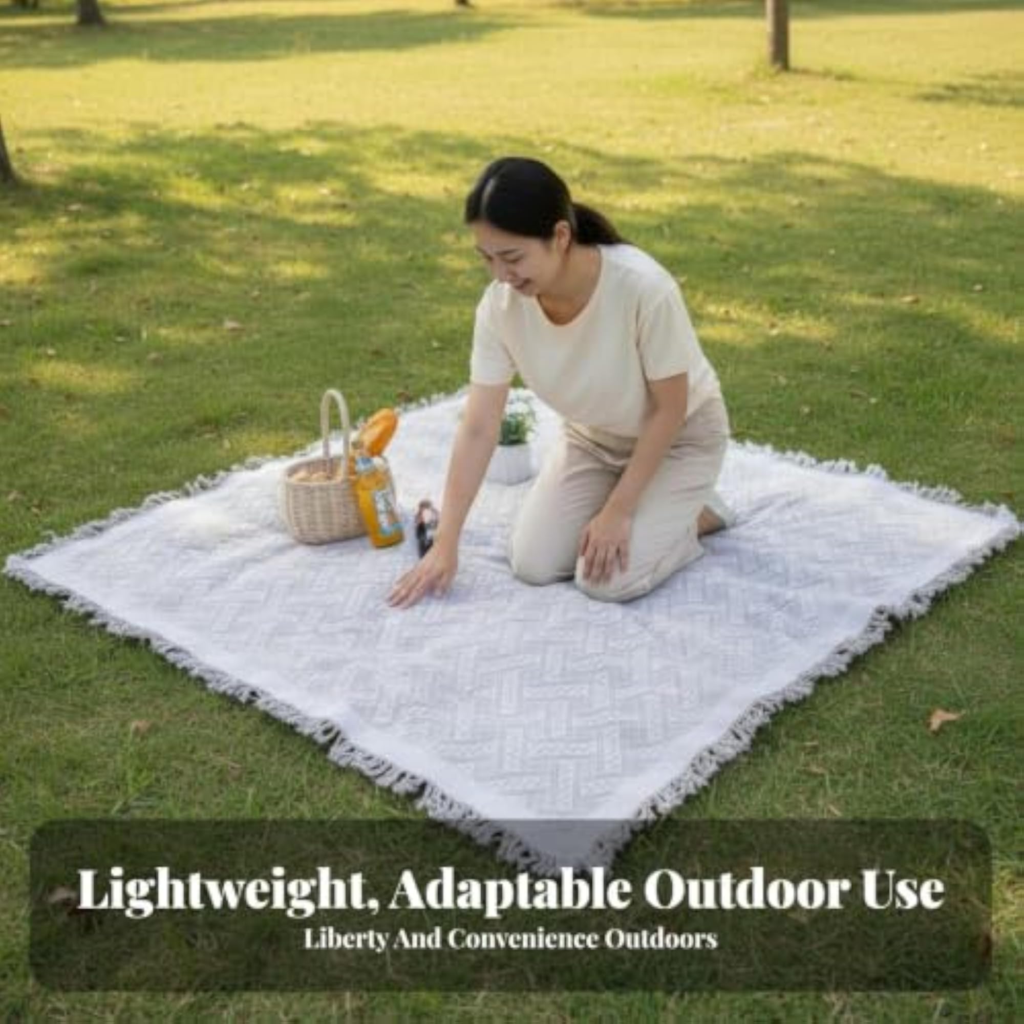 Fringed Recreational Blanket, Portable Tasseled Geometric Throw