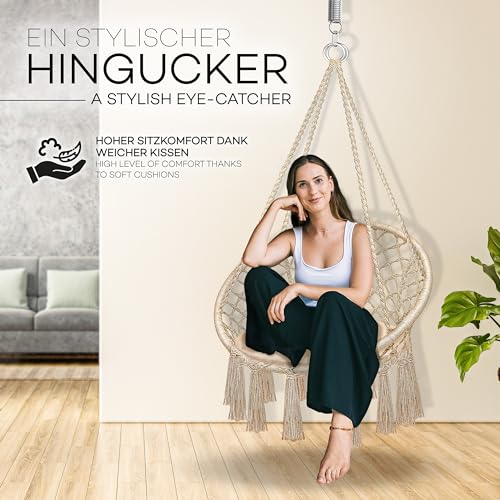tillvex Hängesessel 200kg zum Aufhängen | Hängestuhl Indoor & Outdoor | Hängekorb wetterfest | Schaukelkorb mit Kissen
