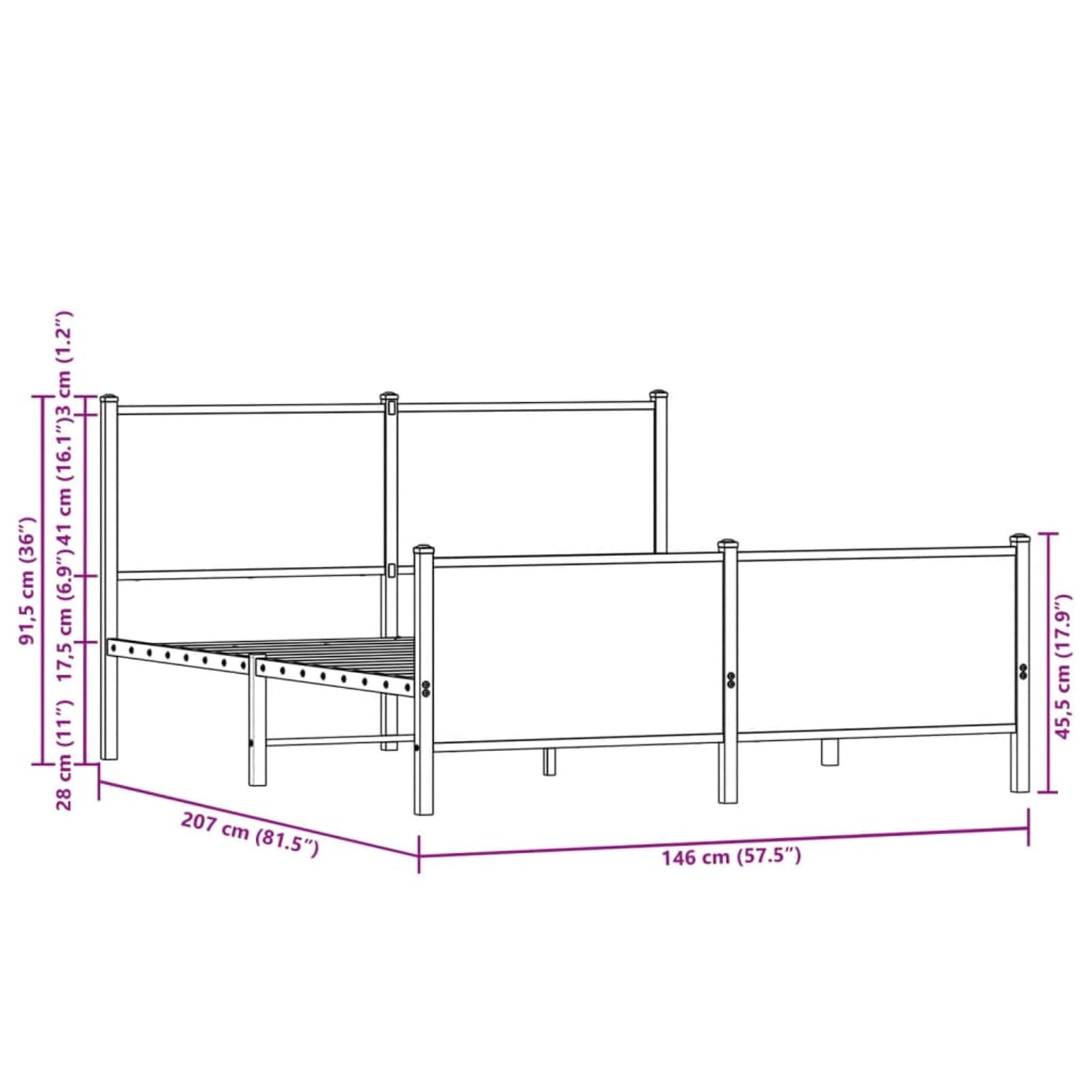 WGYHOME metalowa rama łóżka, 140 x 200 cm, dąb sonoma ze stali ze środkowymi nóżkami i skrzynią pod łóżko, dla dorosłych