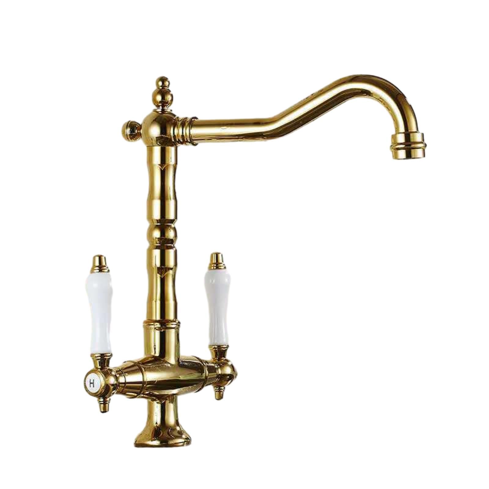 ZYCHSJXA Kitchen Sink Faucet Double Handle Hot and Cold Full Copper Vegetable Dishwashing Basin Swivel Gold