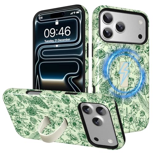 Image of Magnetic for iPhone 17 Pro Case with Finger Strap Kickstand [Compatible with Magsafe] Cute Flower Floral Pattern Design, Dual-Layer Shockproof Protective Cover for Women Men, Green