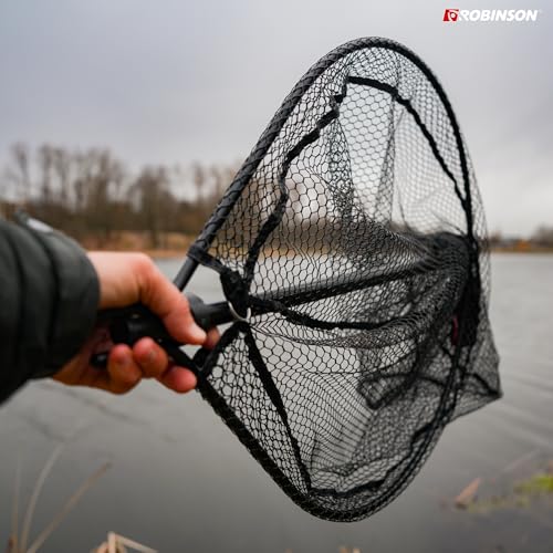 Robinson Angel Kescher gummiert - Einhändig klappbar, Raubfischkescher ideal zum Spinnfischen, Waten und Bootsangeln - 115 cm, Korb 52×45 cm - Netztiefe 45 cm - 10 mm Masche - schnell trocknend