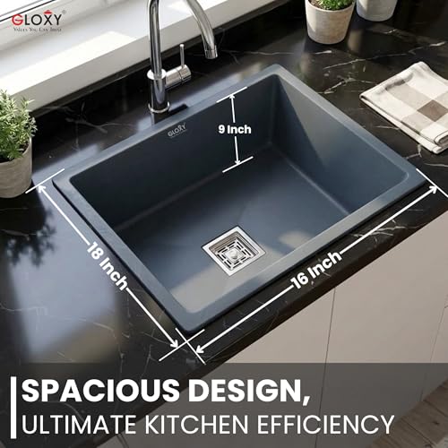 Image of Gloxy Premium Granite Quartz Kitchen Sink 16 inch x 18 inch x 9 inch - Grey Matte Finish Quartz Sink with Coupling Pipe and Drain Basket - Single Bowl Sink Undermount /Topmount Installation - 3 Years Warranty