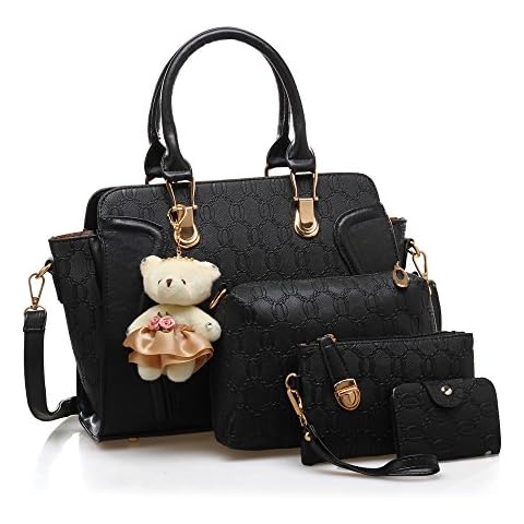 MORGLOVE Women PU Leather Handbag Messenger Bag Shoulder Bag Tote Bag Card Purse Black (4 Pcs Set) Cover