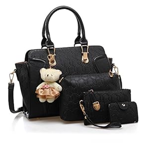 MORGLOVE Women PU Leather Handbag Messenger Bag Shoulder Bag Tote Bag Card Purse Black （4 Pcs Set）