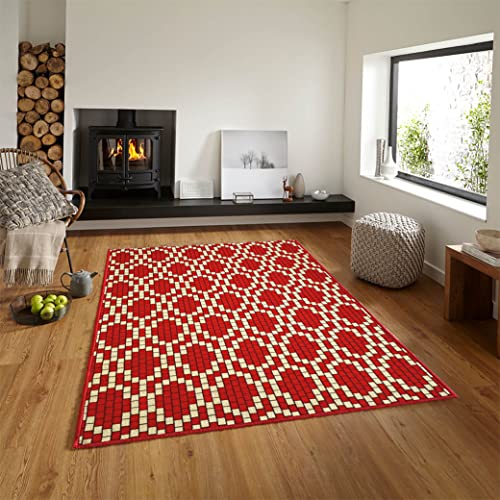 Image of Matz&More Pattern Brick Motif Rug | 100x150 CM | Red Beige | Soft Nylon Loop Pile with Anti-Slip Gel Backing | Living Room, Bedroom & Office Floor Carpet