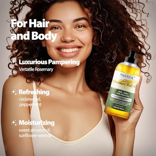 Image of PHATOIL Rosemary Body Oil After Shower with Pump, 260 ml (8.8 fl.oz) Premium Quality Massage Oil Body Oils for Dry Skin, Rosemary Oil for Hair, Blends of Natural Plant Oils and Essential Oils