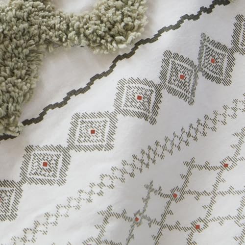 Image of Ink+Ivy King Comforter Set, Boho Comforters, Breathable Cotton Bed Set, All Season Modern Chenille Tufted Comforter with Farmhouse Bedding Flare, Gifts for Woman, Sage /Ivory 3 Piece