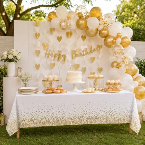 Image of Blue Orchards White and Gold Dots Table Cover (Pack of 3 with 20 glue dots) - 54 inchx108 inch XL - Disposable Bridal Shower Tablecloth, Wedding, Graduation Decoration, Picnic & Golden Birthday Party Supplies