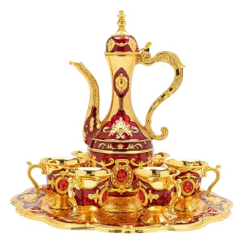 Turkish Tea Set for Adults, Vintage Tea Set Turkish Tea Cups Turkish Tea Kettle Turkish Coffee Set with 1 Tray 1 Teapot and 6 Teacups, Tea Set for Adults Home Decor Birthday Christmas (Red)