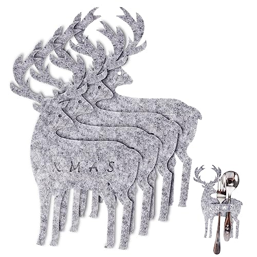 Ciieeo 4pcs Christmas Elk Cutlery Holder Pouches Festive Fork and Knife Bags for Holiday Dining Table Decor for Xmas Parties and Family Gatherings