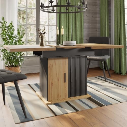 Mesa de comedor extensible de 110 a 140 cm, estilo retro con puertas moldeadas al vacío, mesa de cocina plegable para 4-6 personas con espacio de almacenamiento y estantes ajustables, color