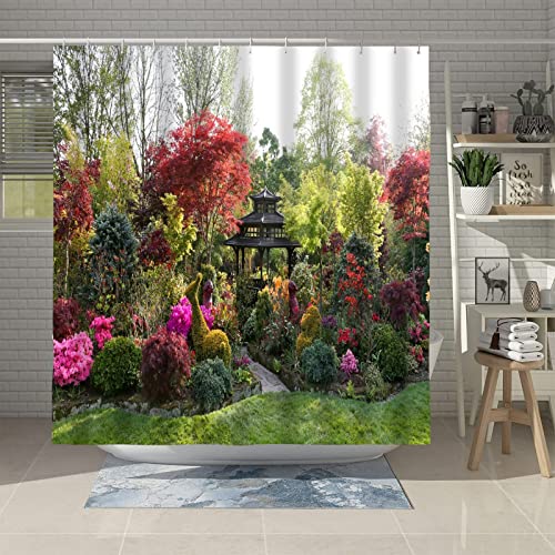 Abaysto Shower Curtain 3D Garden View Flowers Trees Outdoor Nature Scenery Waterproof Cloth Fabric Bathroom Decor Set including Hooks 72x72 Inch - Image 3