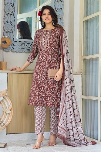 Image of MIRCHI FASHION Pure Cotton Floral Kurta Set for Women with Dupatta & Pant | 3 Piece Straight Fit Ethnic Outfit | Breathable Summer Salwar Suit