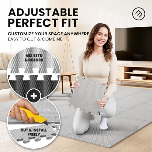 Image of bemaxx Gym Mats Set - 18 pcs EVA Interlocking Foam Floor Tiles (12.6 inchx12.6 inchx0.4 inch) 18sqft Protective Gym Flooring Sports Home Workout Exercise Mats Puzzle Garage Fitness Play-Room Pool Treadmill Bike