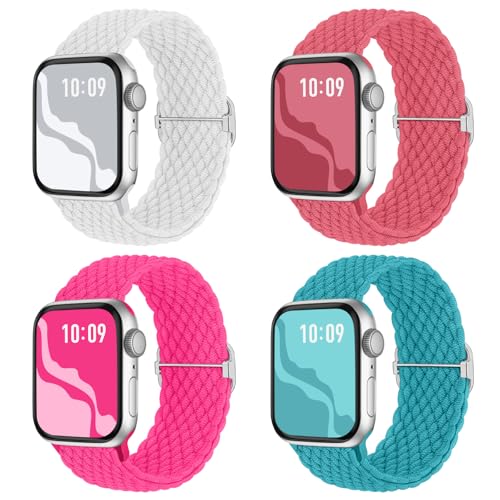 Image of 4 Pack Braided Stretchy Bands Compatible with Apple Watch 40mm 41mm 38mm 42mm 44mm 45mm 46mm 49mm Women Men, Breathable Nylon Elastic Daily Use Straps for iWatch Series 11 /10 9 8 7 6 5 4 3 SE /Ultra 2