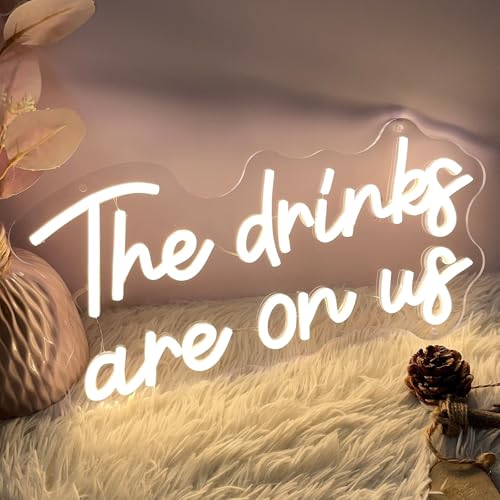Image of The Drinks are On Us Neon Sign for Wall Decor Wedding Light Up Neon Sign Indoor Bedroom Home Decor LED Neon Signs Large Backdrop Flex Christmas Living Room Girls Boys Gift,USB Warm White 40x20.8 CM