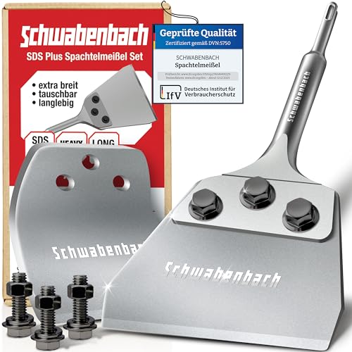 SCHWABENBACH Verbesserter Spachtelmeißel SDS Plus 125x250 mm - 2 mm Stärke Flachmeißel - Inklusive Ersatzklinge Schrauben - Bodenschaber für effizientes Entfernen von Teppich PVC Farbe Fliesenkleber