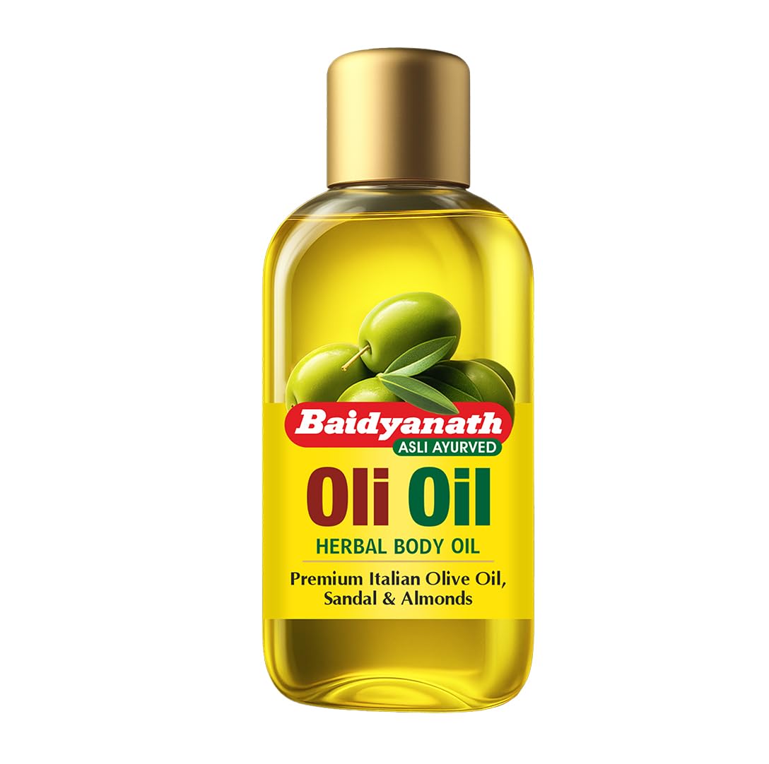 Baidyanath Oli Oil | Herbal Body Oil with Italian Olive Oil, Almond Oil, Neem, Sandalwood & Sesame Oils, Haldi & 5 Herbs | With Vit E & Antioxidants | Nourishes Dry Skin, Non-Sticky & Fast Absorbing |