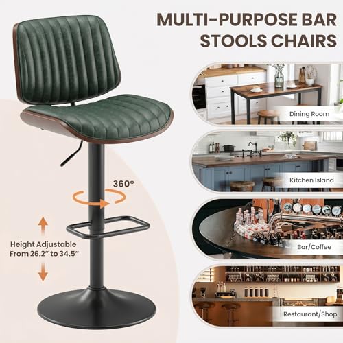Image of MALOL Bar Stools Set of 6, Adjustable Counter Height Bar Chairs 26 inch-34.5 inch with Swivel & Footrest, Modern Faux Leather Barstools for Kitchen Island, Dining Room,Pub,Green