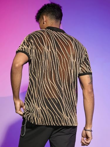 WDIRARA Men's Marble Print Glitter Mesh Sheer Collared Short Sleeve Tee Top Striped Party T Shirt2