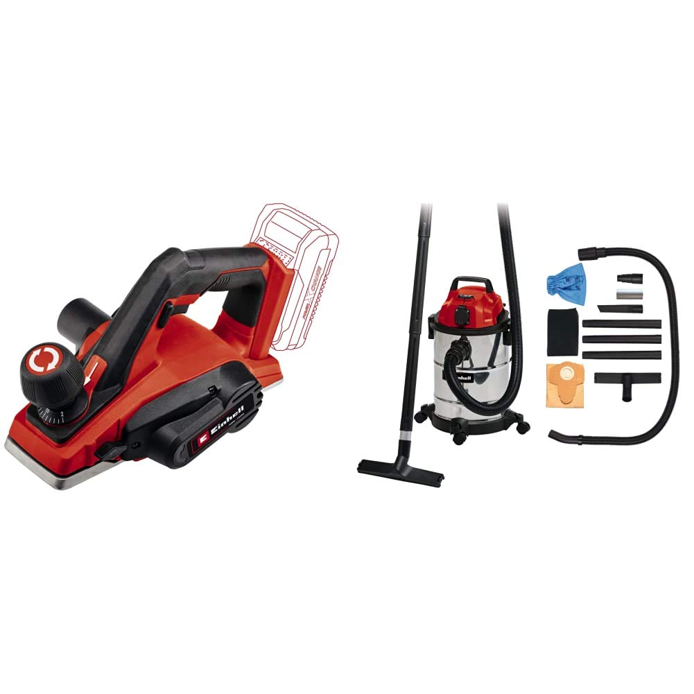 Einhell TE-PL 18/82, rabot sans fil, profondeur 2 mm, livré avec aspirateur 20L