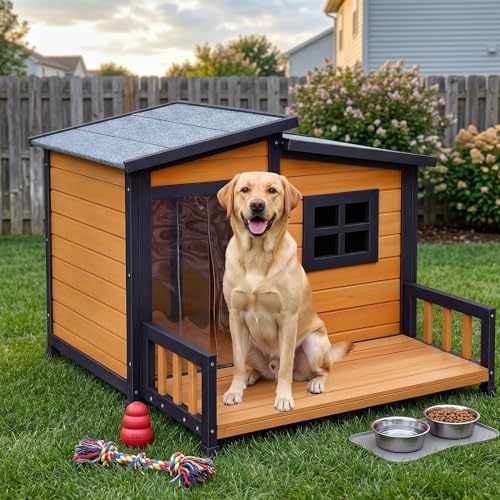 RUNSHED Insulated Outdoor Dog House for Small and Medium-Sized Dogs, Weatherproof Wooden Shelter...