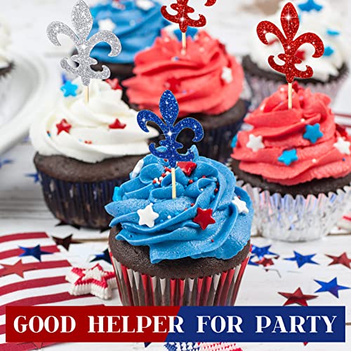 48 Pcs Fleur De Lis Cupcake Toppers Glitter Red White And Blue Food Picks Paper Cakes Toppers For Independence Day 4Th Of July Birthday Patriotic Party Supplies Favors #TOP3