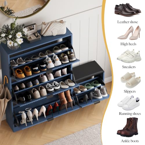 Image of HUANLEGO Shoe Cabinet Storage for Entryway with Flip Drawer & Bench, Blue