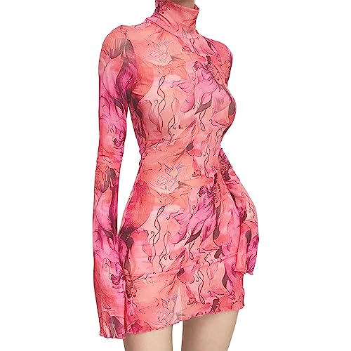 Womens Summer Dresses Floral Mesh Split Frill Trim Bodycon Mini Dress Mock Neck Flared Long Sleeve Bikini Cover Up Dress2