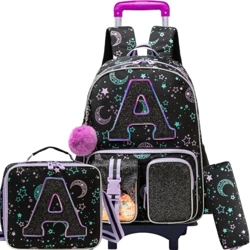 Oruiji Mochila com rodinhas para meninas, conjunto de mochila com rodinhas com laço e lancheira para meninas do ensino fundamental, Glitter preto a