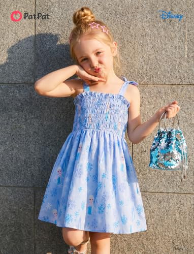 Image of Disney Princess Frozen Elsa Minnie Stitch Toddler Girl Dress Bow Tie Straps Smocked Summer Outfit Birthday Party Clothes 2-9Y
