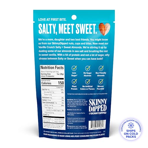Image of SkinnyDipped Salty + Sweet Vanilla Almond Crunch, Healthy Snack, Plant Protein, Gluten Free, 4 oz Resealable Bags, Pack of 5