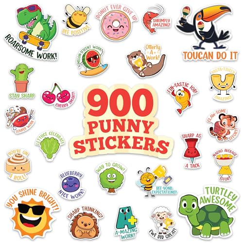 Decorably 900 Punny Teacher Stickers for Kids Classroom - 45 Sheets with 60 Fun and Motivational Designs for Student Activities, Positive Reinforcement, Arts & Crafts, Reward, Scrapbooking
